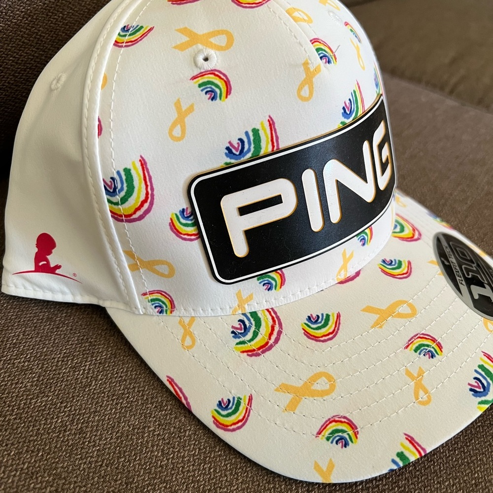 PING White w rainbows special edition St Jude hat SnapBack designed by Bridget